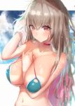  1girl aqua_bikini azur_lane bangs bare_shoulders bikini blue_sky blush breasts choker cleavage closed_mouth collarbone commentary_request feather_boa formidable_(azur_lane) formidable_(the_lady_of_the_beach)_(azur_lane) grey_hair hair_between_eyes highres large_breasts long_hair looking_at_viewer navel pink_choker red_eyes ruwoka sky solo swimsuit tan tanline towel very_long_hair 