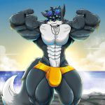  1:1 anthro beach big_muscles black_body black_fur bulge canid canine clothing flexing fox fur hi_res huge_muscles jewelry male mammal muscular muscular_male necklace seaside solo speedo swimwear taiko-sihori water 