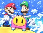  3boys black_eyes blue_overalls blue_sky boots brothers brown_boots brown_facial_hair brown_hair day eyebrows_visible_through_hat facial_hair gloves green_hat green_shirt hat highres long_sleeves looking_to_the_side luigi male_focus mario mario_&amp;_luigi:_brothership mario_&amp;_luigi_rpg mario_(series) multiple_boys mustache newsboy_cap ocean outdoors overalls red_hat red_shirt shirt short_hair siblings sky snoutlet_(mario) white_gloves wings yamari_(ya_mari_6363) 