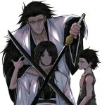  1girl 2boys aged_down anima_tion_1 at_knifepoint black_hair black_kimono bleach bleach:_sennen_kessen-hen blue_eyes dual_persona expressionless frown grey_eyes haori height_difference highres holding holding_sword holding_weapon japanese_clothes kimono leaning_forward long_hair multiple_boys scar scar_across_eye scar_on_cheek scar_on_face scar_on_forehead shihakusho sword taichou_haori unohana_retsu very_long_hair weapon white_haori zanpakutou zaraki_kenpachi 