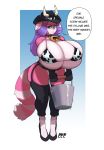  absurd_res anthro big_breasts breasts bucket bunybunyboi cleavage clothed clothing collar cowbell dialogue english_text female garter_straps hi_res huge_breasts hyper hyper_breasts mammal milk procyonid raccoon solo text wide_hips 