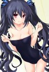  1girl adjusting_clothes adjusting_swimsuit black_hair black_school_swimsuit blush commentary_request eyebrows_visible_through_hair iwasi-r looking_at_viewer neptune_(series) noire one-piece_swimsuit red_eyes school_swimsuit smile solo swimsuit twintails 