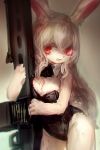  2019 2:3 5_fingers anthro breasts cleavage clothed clothing eiminsansan female fingers fur gun hair hi_res kemono lagomorph leporid long_hair mammal painting rabbit ranged_weapon red_eyes simple_background small_breasts solo weapon white_body white_fur white_hair たまかけご 