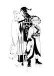  2boys absurdres ashiya_douman_(fate) asymmetrical_clothes bell black_hair commentary_request crossover earrings fate/grand_order fate_(series) fingernails hair_bell hair_ornament highres jewelry kusuriuri_(gekijouban_mononoke) kusuriuri_(mononoke) long_hair looking_at_viewer male_focus mononoke multicolored_hair multiple_boys sakura_(skr_i) sharp_fingernails split-color_hair two-tone_hair very_long_hair white_hair 