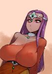 1girl breasts choker circlet dark_skin dragon_quest dragon_quest_iv eyelashes jewelry large_breasts long_hair looking_at_viewer minea misonou_hirokichi nipples open_mouth parted_lips puffy_nipples purple_hair red_eyes see-through 