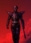  1boy absurdres armor belt boots brain commentary_request compound_eyes cyborg dome exposed_brain gloves glowing glowing_eyes gun hakaider helmet highres holding holding_gun holding_weapon jinzou_ningen_kikaider katou_yuu kikaider_(series) looking_at_viewer male_focus red_eyes robot solo standing tokusatsu weapon 