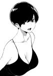  1girl bangs bare_arms bare_shoulders black_hair black_tank_top breasts cleavage collarbone commentary from_above greyscale highres jewelry large_breasts looking_to_the_side monochrome norman_maggot olive_laurentia open_mouth original pixie_cut short_hair swept_bangs tank_top upper_body 