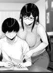  1boy 1girl bangs bare_shoulders blush breast_press breasts closed_mouth commentary_request curtains denim desk eyebrows_visible_through_hair faceless faceless_male gentsuki glasses greyscale highres indoors jeans large_breasts long_hair monochrome notebook original pants pencil ribbed_shirt shirt short_hair sidelocks sleeveless sleeveless_shirt smile student t-shirt tutor writing 