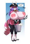  absurd_res anthro big_breasts breasts bucket bunybunyboi clothing collar cowbell dialogue female garter_straps hi_res huge_breasts hyper hyper_breasts mammal milk nipples procyonid raccoon solo torn_clothing wide_hips 