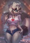  2026 anthro biped bottomwear breasts claws clothed clothed_anthro clothed_female clothing collar digital_drawing_(artwork) digital_media_(artwork) female fingers front_view fur hair hi_res looking_at_viewer mammal navel pants piercing procyonid raccoon robin_raccoon smile solo standing tail tlt_echelon 