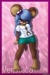  11_breasts 2019 anthro barefoot blue_hair bottomwear breasts brown_body brown_fur clothing didelphid female fur hair hi_res looking_at_viewer mammal marsupial multi_breast nipple_outline shirt skirt solo tongue tongue_out topwear veronica_(visorelle) visorelle 