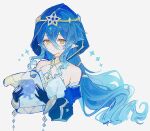  1girl bare_shoulders black_gloves blue_hair blue_hood blue_sleeves circlet detached_sleeves genshin_impact gloves gold_choker gold_circlet grey_background hashtag-only_commentary highres holding holding_paper hood hood_up layla_(genshin_impact) long_hair looking_at_viewer paper pointy_ears ri_pi_o simple_background solo upper_body yellow_eyes 