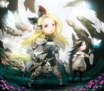  2girls agnes_oblige armor black_hair blonde_hair blue_eyes bodystocking bow bravely_default:_flying_fairy bravely_default_(series) breasts bug butterfly dress edea_lee gloves hair_bow insect long_hair looking_at_viewer miyamoto_(krmc) multiple_girls open_mouth thighhighs 