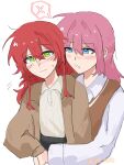  2girls absurdres alternate_costume blue_eyes blush bocchi_the_rock! brown_jacket gotoh_hitori highres hug hug_from_behind jacket kita_ikuyo long_hair multiple_girls pink_hair red_hair simple_background spoken_x sweatdrop v-neck white_background white_sleeves y9_1229 yellow_eyes yuri 