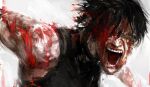  1girl absurdres angry black_hair blood blood_on_arm blood_on_face glowing glowing_eye hair_over_one_eye highres jujutsu_kaisen kyezzzz looking_at_viewer open_mouth scar scars_all_over shirt short_hair sleeveless sleeveless_shirt solo teeth upper_body v-shaped_eyebrows yellow_eyes zen'in_maki 