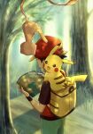 1boy absurdres blue_pants brown_hair commentary_request facing_away forest fuyu_(utngrtn) hat highres holding holding_map jacket looking_at_map male_focus map mew_(pokemon) nature outdoors pants pikachu pokemon pokemon_(creature) pokemon_frlg red_(pokemon) red_hat red_jacket tree upside-down watermark yellow_bag 