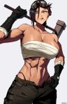  1girl abs bandeau black_gloves black_hair black_pants blue_eyes breasts clenched_teeth closed_mouth commentary_request commission gloves goggles goggles_on_head hammer highleg highleg_panties highres holding holding_hammer large_breasts looking_at_viewer madoro_q muscular muscular_female original panties pants simple_background skeb_commission solo teeth underwear white_background white_bandeau 