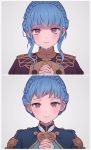  1girl age_comparison blue_hair braid closed_mouth crown_braid fire_emblem fire_emblem:_three_houses garreg_mach_monastery_uniform grey_background hands_clasped highres marianne_von_edmund momo_moku own_hands_together simple_background smile twitter_username uniform 