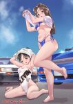  2girls barefoot bikini black_hair blue_bikini blue_sky breasts brown_hair car casual_one-piece_swimsuit clothes_writing cloud commentary_request highleg highleg_one-piece_swimsuit highres initial_d long_hair medium_breasts motor_vehicle multiple_girls nissan nissan_sileighty one-piece_swimsuit satou_mako sayuki_(initial_d) side-tie_bikini_bottom sitting sky strapless strapless_one-piece_swimsuit suika_blue swimsuit swimsuit_under_clothes toyota toyota_sprinter_trueno translation_request undressing wariza white_one-piece_swimsuit 