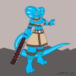  abstract_background absurd_res anthro belt blue_body bottomwear breasts clothing cobra dirtymac feathered_clothing female flat_colors grey_background hi_res holding_object holding_weapon mac-daddy model_sheet reptile scalie simple_background skirt snake stripes tail topwear weapon white_stripes yellow_eyes 