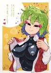  1girl ahoge black_eyes border breasts buttons carte closed_mouth collared_shirt compression_shirt covered_nipples cropped_torso green_hair hair_between_eyes half-closed_eyes hands_up heart highres impossible_clothes impossible_shirt kazami_yuuka large_breasts long_sleeves looking_at_viewer medium_hair open_clothes open_shirt outside_border plaid_clothes plaid_vest red_vest shiny_clothes shirt shirt_under_shirt smile solo sparkle touhou translation_request turtleneck turtleneck_shirt unbuttoned undershirt upper_body vest white_border white_shirt wing_collar 