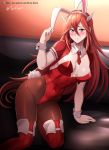  1girl absurdres alternate_costume animal_ears blush breasts bunny_ears cleavage cordelia_(fire_emblem) covered_navel detached_collar fake_animal_ears fire_emblem fire_emblem_awakening hair_ornament highres leotard long_hair parted_lips red_eyes red_hair red_leotard solo vilde_loh_hocen watermark web_address wrist_cuffs 