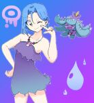  1boy alternate_costume blue_background blue_hair commentary_request crossdressing crossdressing_(mtf) dress fangs gradient_background green_eyes james_(pokemon) jewelry looking_at_viewer mareanie necklace one_eye_closed open_mouth pokemon pokemon_(anime) pokemon_(creature) purple_background purple_dress short_hair sleeveless sleeveless_dress spikes two-tone_background yunomi692 