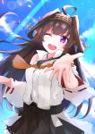  ;d absurdres ahoge bare_shoulders black_skirt brown_hair cowboy_shot detached_sleeves double_bun eyebrows_visible_through_hair headgear highres kantai_collection kongou_(kantai_collection) long_hair looking_at_viewer nontraditional_miko one_eye_closed open_mouth purple_eyes remodel_(kantai_collection) ryou_(ryo_217cafe) skirt smile 