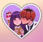  1boy 1girl black_coat black_roots black_vest blunt_bangs blush border chewing coat couple dress fern food furrowed_brow hair_between_eyes half_updo hetero highres holding holding_food holding_ice_cream_cone ice_cream_cone kiss kissing_cheek long_hair pink_border pretzel purple_background purple_eyes purple_hair red_coat red_hair short_hair sousou_no_frieren stark_(sousou_no_frieren) sweatdrop tatjasng12 upper_body vest white_dress 