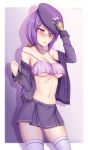  1girl adjusting_clothes adjusting_hat beret blush braid breasts chestnut_mouth clenched_hand eltnum fingerless_gloves gloves hand_up hat highres jacket long_hair medium_breasts midriff navel purple_background purple_eyes purple_hair purple_skirt single_braid sion_eltnam_atlasia skirt solo soukitsu sweatdrop thighhighs twitter_username under_night_in-birth underboob very_long_hair white_legwear 