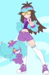  1girl alternate_costume aqua_hat aqua_jacket brown_hair grin hat highres jacket leaf_(pokemon) long_hair looking_at_viewer mareanie multicolored_jacket open_clothes open_jacket pokemon pokemon_(creature) purple_hat purple_jacket purple_shoes purple_shorts shoes short_shorts shorts skitterleaf smile spikes sunglasses thighhighs tinted_eyewear two-tone_hat two-tone_jacket v visor_cap white_shoes white_thighhighs yellow-tinted_eyewear 