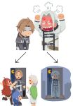  2boys 3girls absurdres anger_vein angry angry_boss_with_happy_family_irasutoyas_(meme) blue_hair braid brown_hair coat elf eris_greyrat hashtag-only_commentary highres husband_and_wives jjum_pp lonely long_hair long_sleeves meme multiple_boys multiple_girls mushoku_tensei open_mouth orsted_(mushoku_tensei) parody pointy_ears red_hair roxy_migurdia rudeus_greyrat scolding short_hair simple_background smile style_parody sylphiette_(mushoku_tensei) twin_braids white_background white_coat white_hair 