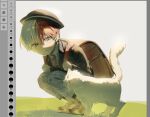  1boy aged_down animal art_program_in_frame backpack bag black_jacket boku_no_hero_academia brown_shoes cat child collared_shirt commentary_request grey_pants hat heterochromia highres jacket lapels long_sleeves looking_at_animal male_focus multicolored_hair necktie pants randoseru red_hair red_necktie shirt shoes split-color_hair squatting suit_jacket todoroki_shoto undodo_0 white_cat white_hair wing_collar 
