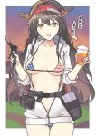  1girl alcohol alternate_costume american_flag_bikini beer belt bikini black_hair blurry brown_eyes cowboy_shot cup depth_of_field disposable_cup flag_print haruna_(kantai_collection) headgear jacket kantai_collection long_hair looking_at_viewer micro_bikini nakadori_(movgnsk) open_clothes open_jacket open_mouth red_headwear smile solo standing sunset swimsuit thigh_gap translation_request utility_belt visor_cap white_jacket 