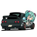  1girl aqua_eyes blush_stickers car chibi commission exhaust hatsune_miku highres itasha looking_at_viewer looking_back medium_hair motor_vehicle nissan_skyline nissan_skyline_r32 notnoe_(dxcl) one_eye_closed open_mouth simple_background smile solid_oval_eyes solo vocaloid white_background 