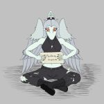 anthro black_boots black_bottomwear black_clothing black_crop_top black_footwear black_pants black_shirt black_topwear blue_body bone_frill boots bottomwear breasts claws clothed clothed_anthro clothed_female clothing collar colored combat_boots crop_top elbow_feathers fang_(gvh) feathered_wings feathers female finger_claws fingers footwear frill_(anatomy) front_view full-length_portrait goodbye_volcano_high grey_background grey_body grey_feathers grey_hair hair hi_res holding_object humanoid_hands jewelry ko_op_(game_developer) long_hair looking_down lorikani markings medium_breasts navel necklace nipple_outline non-mammal_navel orange_eyes pants portrait prehistoric_species pterosaur reptile russian_description russian_text scalie shaded shirt shoes short_tail sign simple_background sitting solo spiked_collar spikes striped_markings stripes tail text topwear torn_bottomwear torn_clothing torn_pants translation_request wings