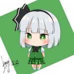  1girl black_bow black_bowtie black_hairband bow bow_hairband bowtie chibi chibi_only commentary_request green_background green_eyes green_skirt green_vest hairband highres hitodama_print konpaku_youmu pleated_skirt print_skirt print_vest puffy_sleeves rense_1010_(number_nanashi) shirt short_hair signature skirt solo touhou vest white_hair white_shirt 