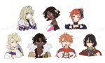  :d absurdres alternate_hair_length alternate_hairstyle armor ascot bare_shoulders black_choker black_hair blonde_hair blue_eyes bunet_(fire_emblem) choker collarbone commentary dark-skinned_female dark-skinned_male dark_skin eyeshadow fire_emblem fire_emblem_engage fogado_(fire_emblem) hahm0106 headband highres jewelry long_hair looking_at_viewer makeup merrin_(fire_emblem) necklace open_mouth orange_hair pandreo_(fire_emblem) panette_(fire_emblem) pink_eyeshadow purple_eyes seadall_(fire_emblem) short_hair shoulder_armor smile timerra_(fire_emblem) upper_body white_ascot yellow_eyes 