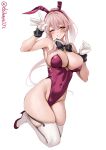  1girl animal_ears arm_up artist_name blush breasts commentary_request covered_navel detached_collar double-parted_bangs ebifurya fake_animal_ears garter_straps gloves grin groin hair_between_eyes hair_flaps hair_intakes hand_up high_heels highleg highleg_leotard highres kantai_collection large_breasts leotard long_hair looking_at_viewer one-hour_drawing_challenge one_eye_closed pink_hair playboy_bunny rabbit_ears sidelocks simple_background skindentation smile solo strapless strapless_leotard thighhighs thighs twitter_username very_long_hair white_background white_gloves white_thighhighs yura_(kancolle) 