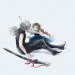  1boy 1girl aerith_gainsborough aqua_ribbon aqua_shirt bandaged_arm bandages bare_shoulders black_boots black_pants black_shirt blue_dress boots bruise bruise_on_arm commentary_request dress fanqianshu final_fantasy final_fantasy_vii final_fantasy_vii:_ever_crisis final_fantasy_vii_remake first_aid_kit green_eyes grey_background grey_hair hair_ribbon highres injury katana long_hair pants parted_bangs ponytail ribbed_shirt ribbon sephiroth sephiroth_(ever_crisis) shirt shirt_under_dress short_hair sleeveless sleeveless_turtleneck sparkle sword turtleneck weapon 