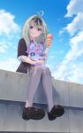  1girl antenna_hair black_dress black_ribbon black_shoes blue_sky closed_mouth cloud cloudy_sky commentary day dress food frilled_dress frilled_sleeves frills grey_hair grey_pantyhose hair_intakes hair_ribbon highres holding holding_food ice_cream_cone light_frown looking_at_viewer mary_janes mashu-tan medium_dress medium_hair meitantei_precure! mirin_(m_irinrin) moria_luluka on_building outdoors pantyhose precure purple_eyes ribbon shoes short_sleeves sitting sky solo 