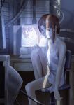  1girl arm_at_side bare_arms bare_shoulders breasts brown_eyes brown_hair cable chair closed_mouth commentary computer computer_keyboard crt desk dress expressionless feet_out_of_frame hair_ornament hand_on_own_knee highres indoors iwakura_lain knee_up kuthi0510 looking_at_viewer monitor office_chair on_chair serial_experiments_lain shade short_hair single_sidelock sitting sleeveless sleeveless_dress small_breasts spaghetti_strap swivel_chair white_dress x_hair_ornament 