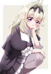  1girl :o antenna_hair black_dress black_ribbon commentary dress frilled_dress frills from_side grey_background grey_hair grey_pantyhose hair_intakes hair_ribbon hand_on_own_face hand_on_own_knee highres jewelry kyouka_jun long_hair looking_at_viewer medium_dress medium_hair meitantei_precure! moria_luluka necklace open_mouth pantyhose precure purple_eyes ribbon short_sleeves solo squatting textless_version 