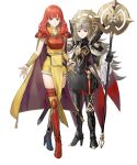  2girls armor black_dress black_gloves boots breastplate breasts cape celica_(fire_emblem) celica_(warrior_princess)_(fire_emblem) dress expressionless feather_trim fire_emblem fire_emblem_echoes:_shadows_of_valentia fire_emblem_heroes gloves grey_hair high_heel_boots high_heels highres holding holding_staff long_hair looking_at_viewer medium_breasts multiple_girls non-web_source pelvic_curtain red_boots red_cape red_eyes red_hair sheath sheathed shoulder_armor smile staff sword tachi-e tiara veronica_(brave_princess)_(fire_emblem) veronica_(fire_emblem) weapon yellow_cape 