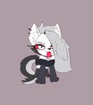 alexsavenije black_bottomwear black_clothing black_crop_top black_shirt black_shorts black_topwear blep bottomwear canid canid_demon canine clothed clothed_female clothed_feral clothing colored crop_top demon digitigrade ear_piercing feet female feral feralized fluffy fluffy_tail front_view fur grey_background grey_body grey_fur grey_hair hair hellaverse hellhound helluva_boss hi_res inner_ear_fluff long_hair looking_at_viewer loona_(helluva_boss) mammal mythological_canine mythological_creature mythology piercing quadruped red_sclera shirt shorts simple_background solo tail toes tongue tongue_out topwear tuft white_eyes