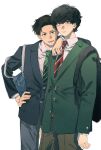  2boys absurdres arm_on_another's_shoulder backpack bag bags_under_eyes black_hair blue_jacket buttons closed_mouth collared_shirt commentary_request diagonal-striped_clothes diagonal-striped_necktie green_jacket green_necktie grey_pants hand_on_own_hip highres hyakuemu jacket komiya_(hyakuemu) looking_at_viewer male_focus multiple_boys necktie pants red_necktie school_bag shirt short_hair shoulder_bag simple_background striped_clothes togashi_(hyakuemu) vani42 white_background white_shirt yaoi 
