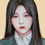  1girl ai_shou all_of_us_are_dead black_hair blood blood_on_face brown_background brown_eyes choi_nam-ra closed_mouth collared_shirt commentary_request highres hyosan_high_school_uniform korean_commentary looking_at_viewer mixed-language_commentary portrait school_uniform shirt simple_background solo veins zombification 