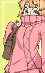  1girl alternate_costume averting_eyes bag bespectacled blonde_hair blush border bridget_(guilty_gear) brown_bag check_clothing clothing_request commentary covering_own_mouth english_commentary glasses green_background green_eyes guilty_gear high_collar highres long_sleeves looking_down medium_hair mxdotesolu pink_sweater raised_inner_eyebrows shoulder_bag simple_background sleeves_past_wrists solo sweater swept_bangs upper_body white_border 