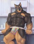  2020 5_fingers abs adios anthro beauceron biceps big_muscles black_body black_claws black_fur black_nose brown_body brown_fur bulge canid canine canis claws clothed clothing domestic_dog fingers fur herding_dog hi_res looking_at_viewer male mammal multicolored_body multicolored_fur muscular muscular_male navel nipples pastoral_dog pecs pink_nipples quads red_eyes solo topless two_tone_body two_tone_fur underwear underwear_only 