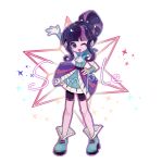  1girl ;d animification arm_up ascot bike_shorts blue_dress blue_shoes chinese_commentary colored_skin commentary_request cutie_mark dress equestria_girls:_rainbow_rocks gloves hair_bun hand_on_own_hip highres kandaoworangwoquxuexi93362 layered_skirt looking_at_viewer multicolored_hair my_little_pony my_little_pony:_equestria_girls my_little_pony:_friendship_is_magic official_alternate_costume official_alternate_hairstyle one_eye_closed purple_hair purple_skin sample_watermark shoes simple_background single_hair_bun skirt smile solo sparkle streaked_hair twilight_sparkle twilight_sparkle_(human) watermark white_ascot white_background white_gloves 